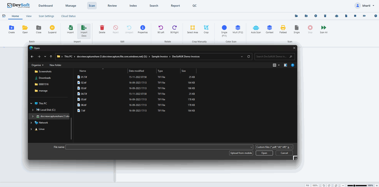 Scanning and importing documents in DocView Capture Web