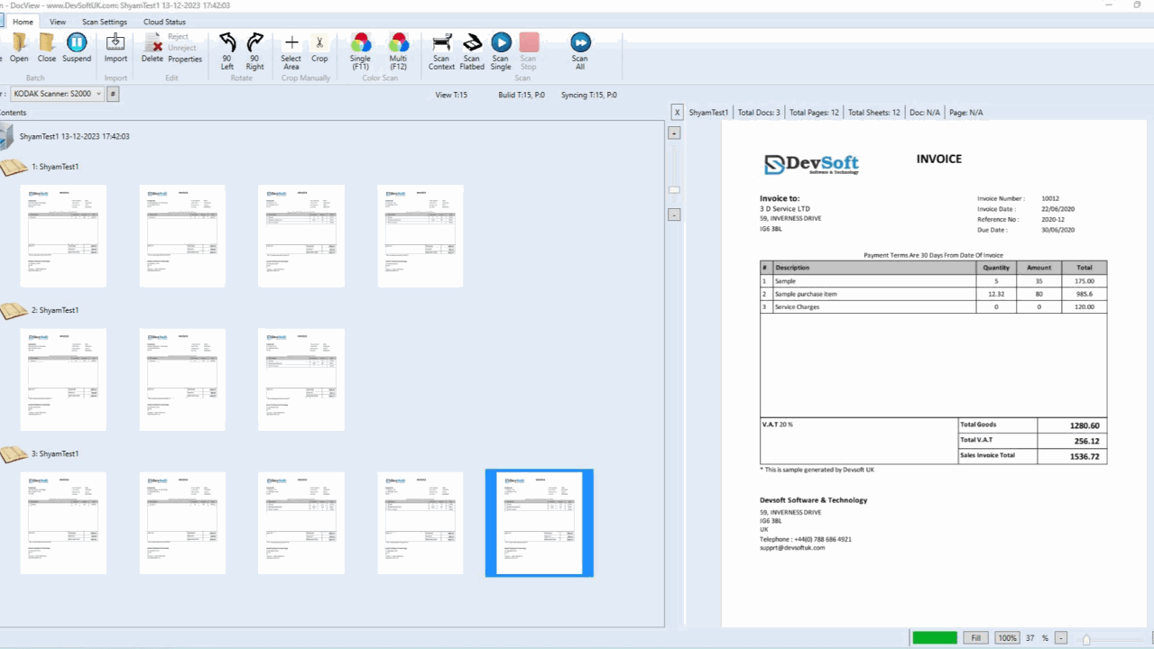 DocView Capture processing a scanned invoice