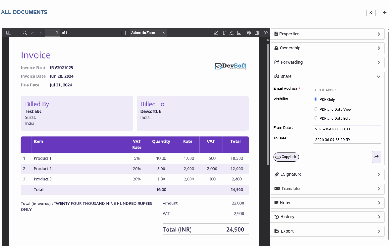 Secure document sharing dialog in DocView Web App